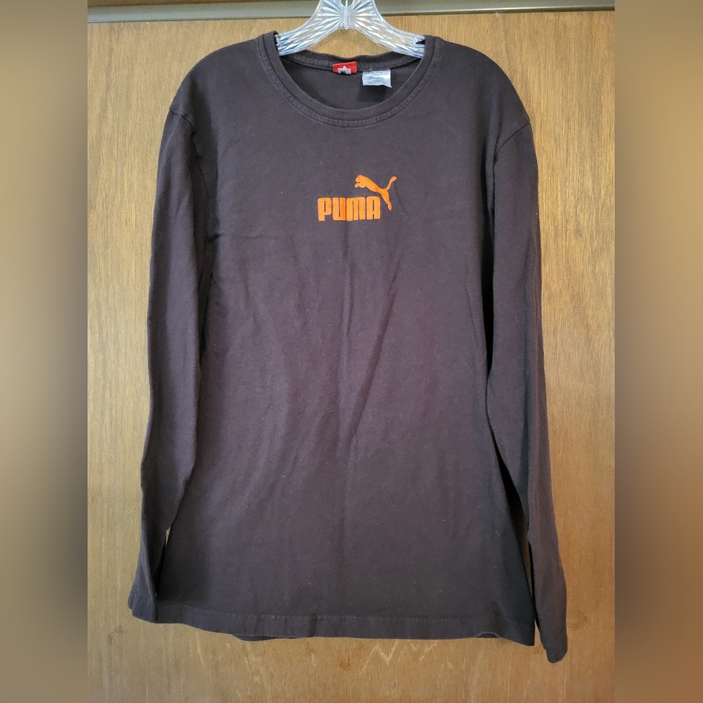 PUMA Men's Long Sleeve Logo Tee in Brown with Orange Logo, XL